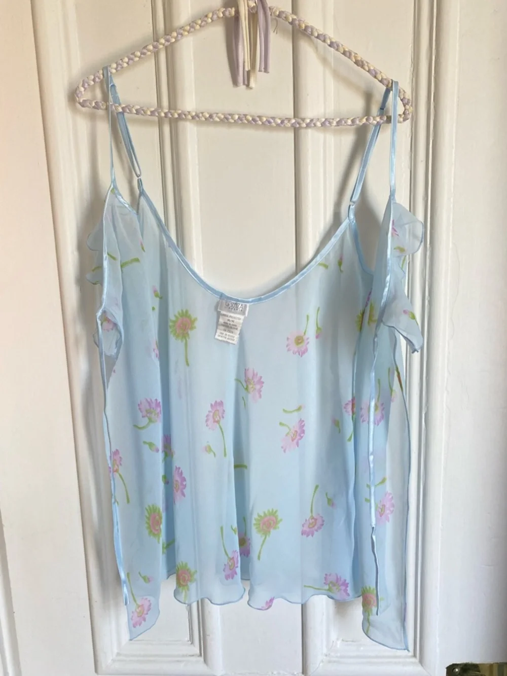 Y2k Vintage Sheer Light Blue Floral Open Front Slip Top with Tie Bow Detail - Picture 8 of 8